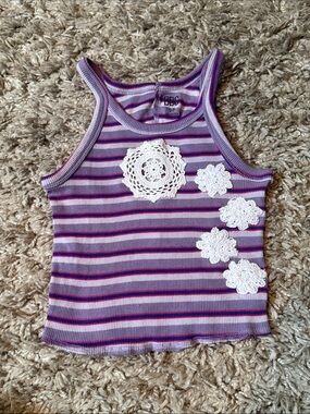 Upcycled BDG Purple Striped Crop Tank White Crochet Floral Applique Small